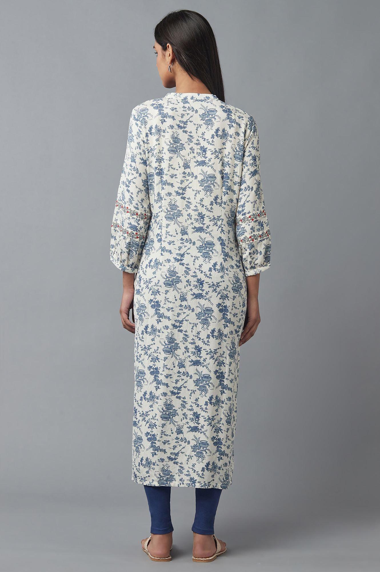 W for Woman White and Blue Button Down kurta