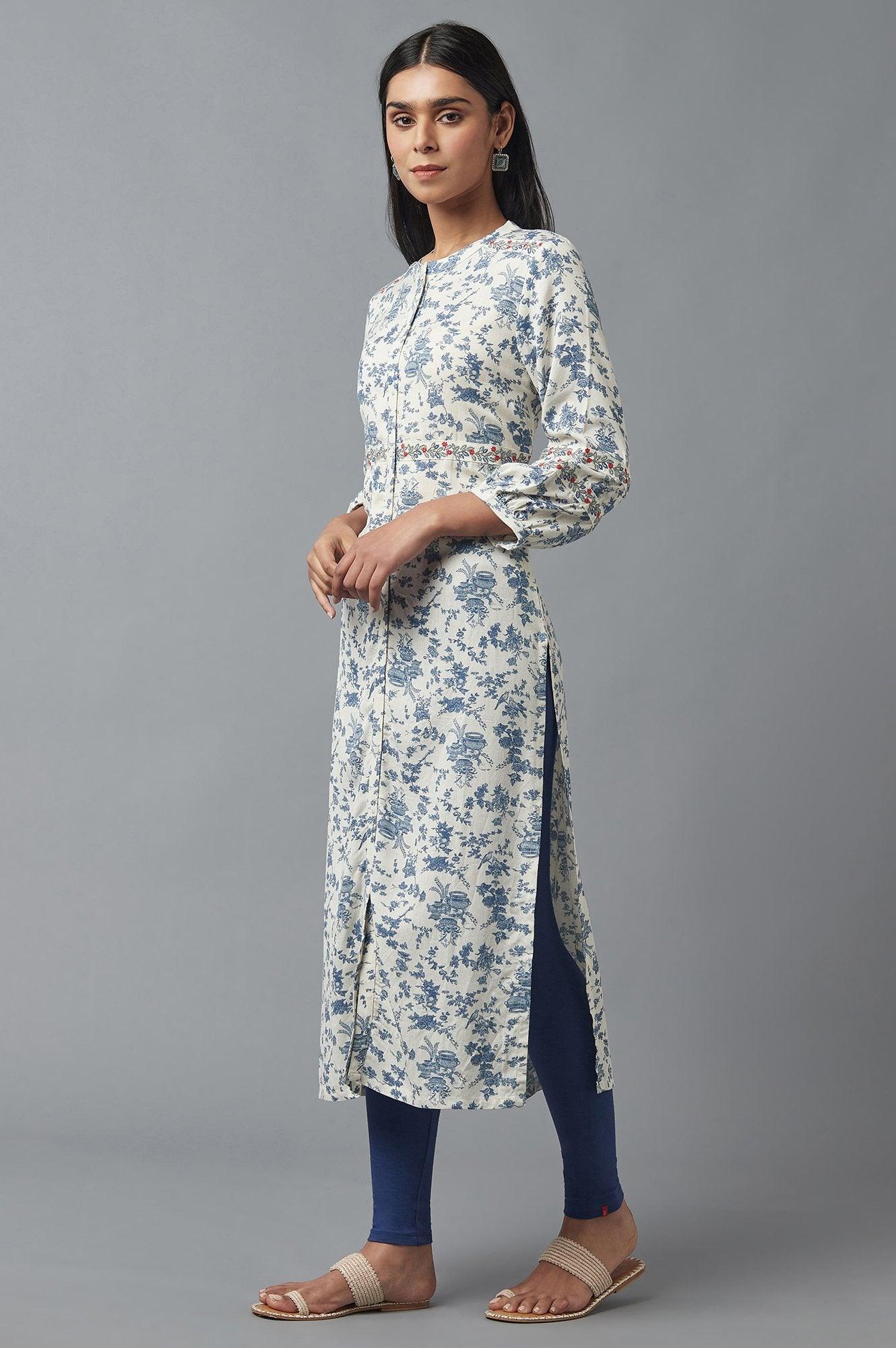 W for Woman White and Blue Button Down kurta