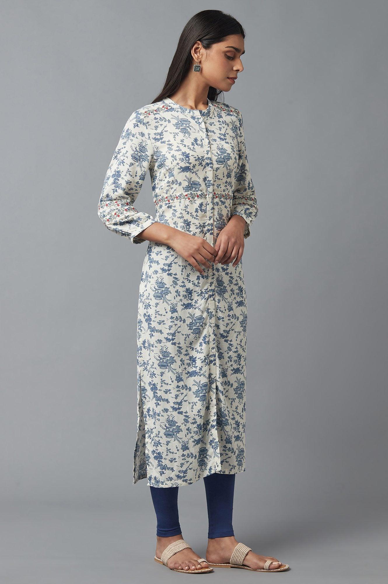 W for Woman White and Blue Button Down kurta