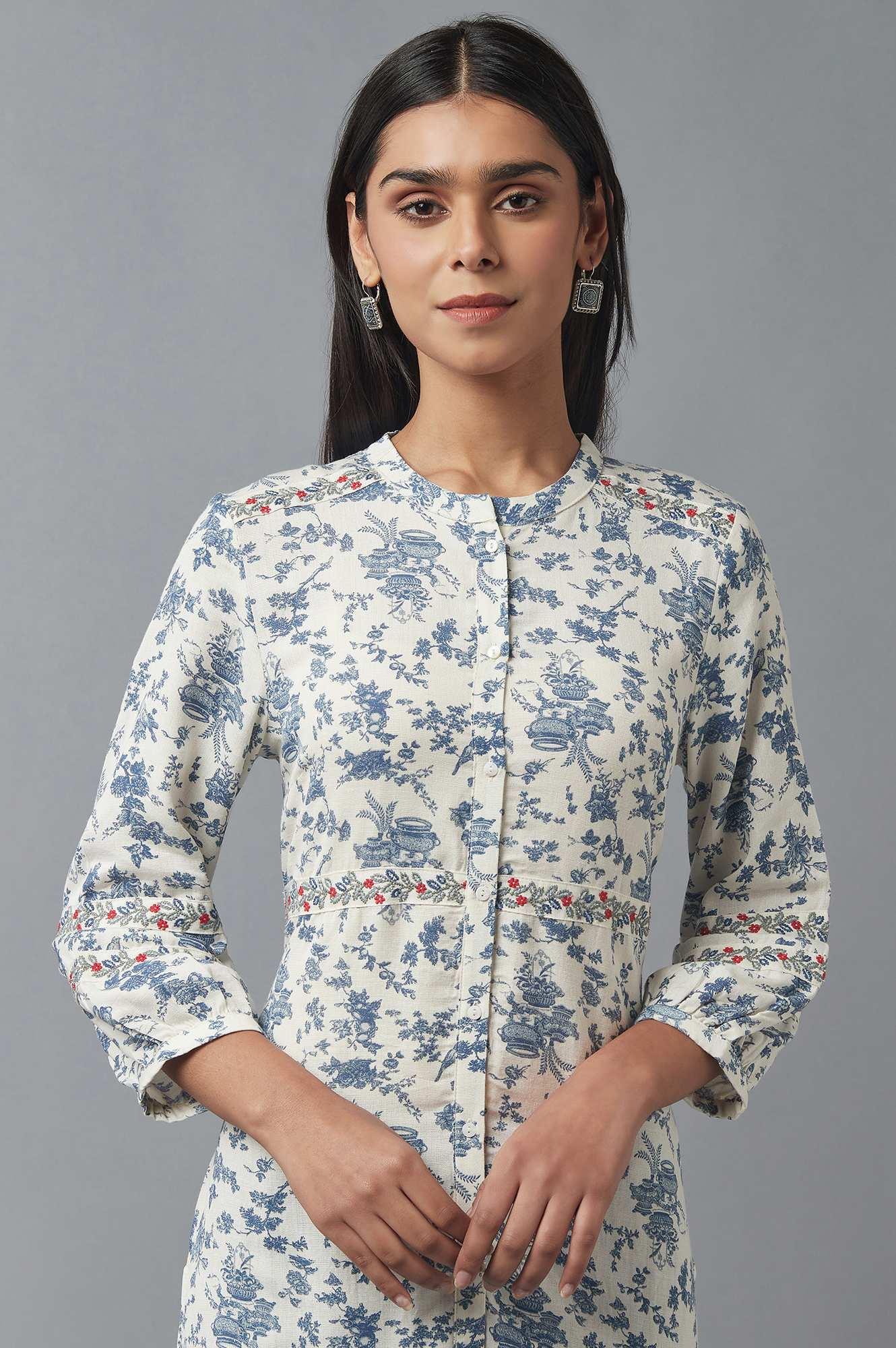 W for Woman White and Blue Button Down kurta