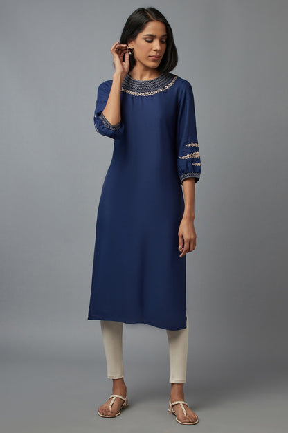 W for Woman Navy Blue Embroidered kurta