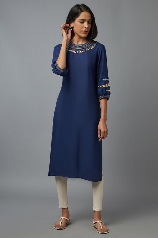 W for Woman Navy Blue Embroidered kurta