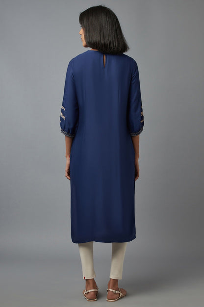 W for Woman Navy Blue Embroidered kurta