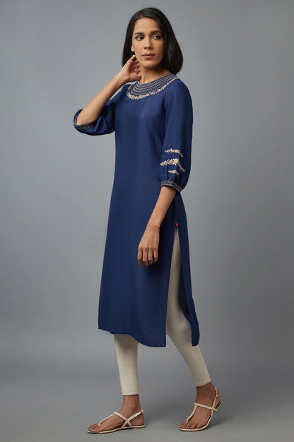 W for Woman Navy Blue Embroidered kurta