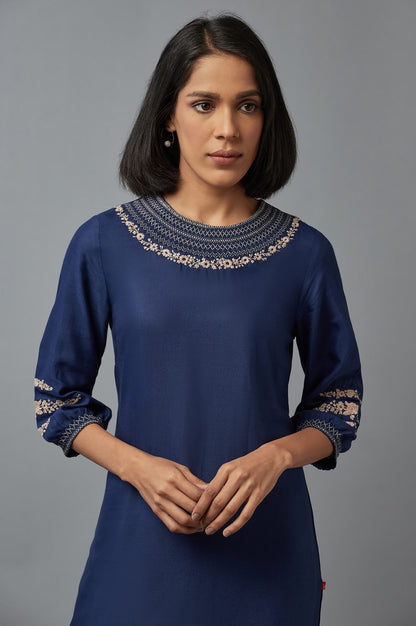 W for Woman Navy Blue Embroidered kurta