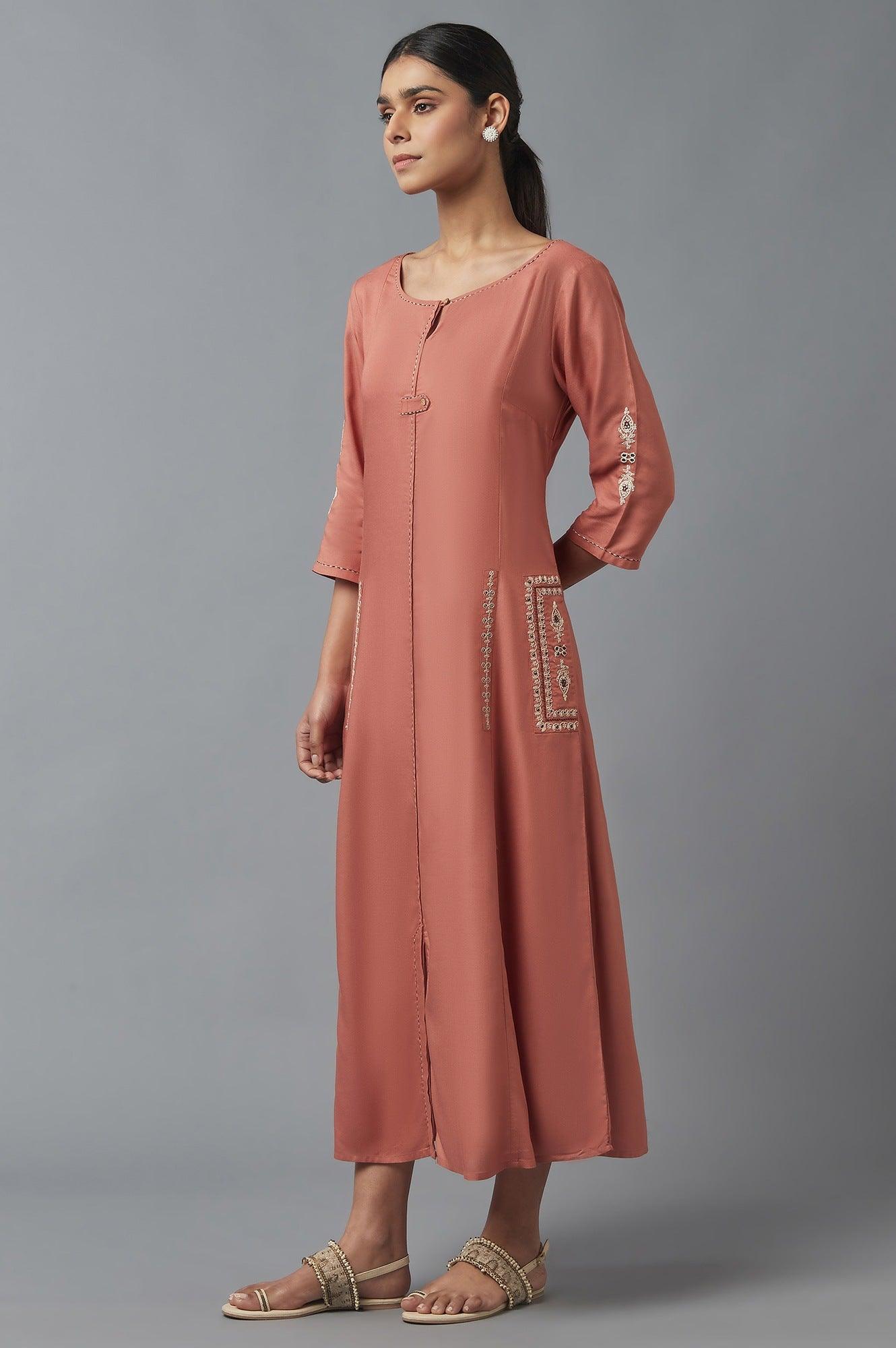 W for Woman Orange A-line Embroidered Dress