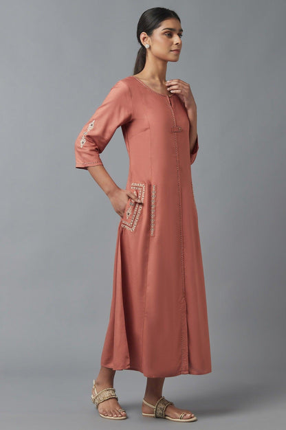 W for Woman Orange A-line Embroidered Dress