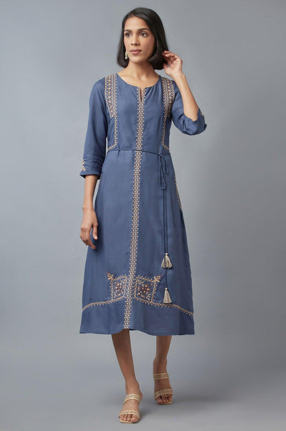 W for Woman Steel Blue Embroidered Dress