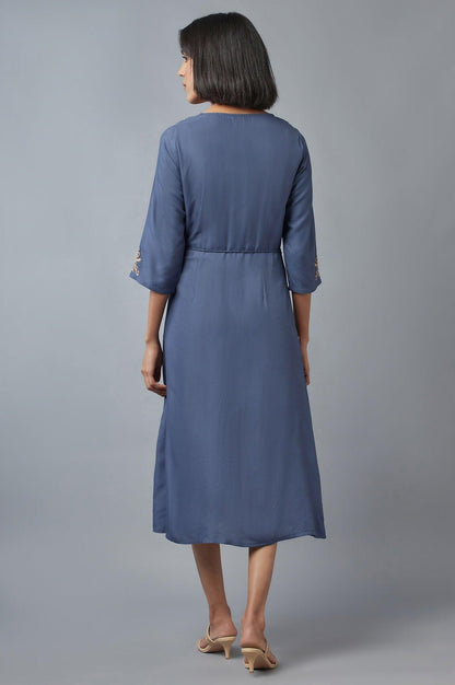 W for Woman Steel Blue Embroidered Dress