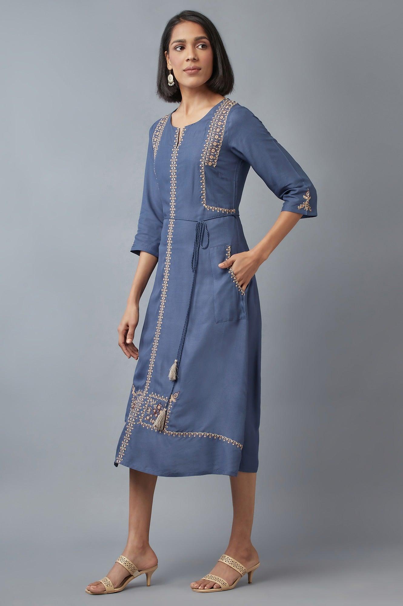 W for Woman Steel Blue Embroidered Dress