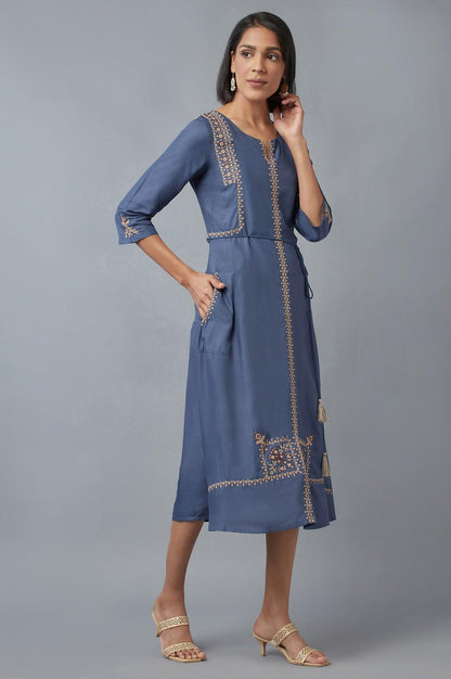 W for Woman Steel Blue Embroidered Dress