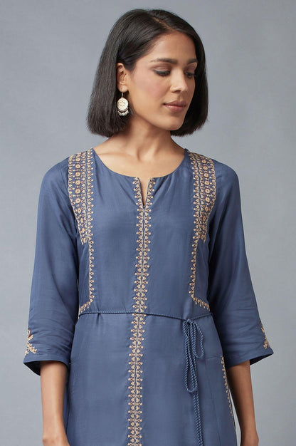 W for Woman Steel Blue Embroidered Dress