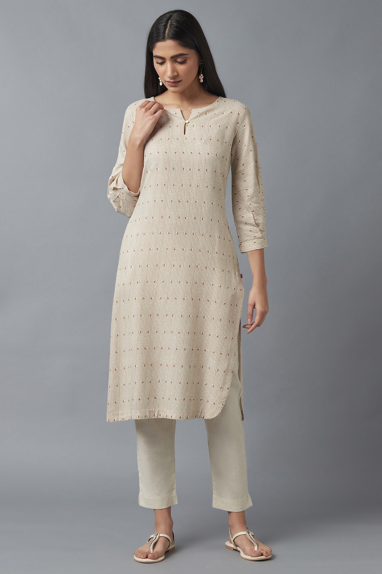 W for Woman Beige Stripe Print Kurta