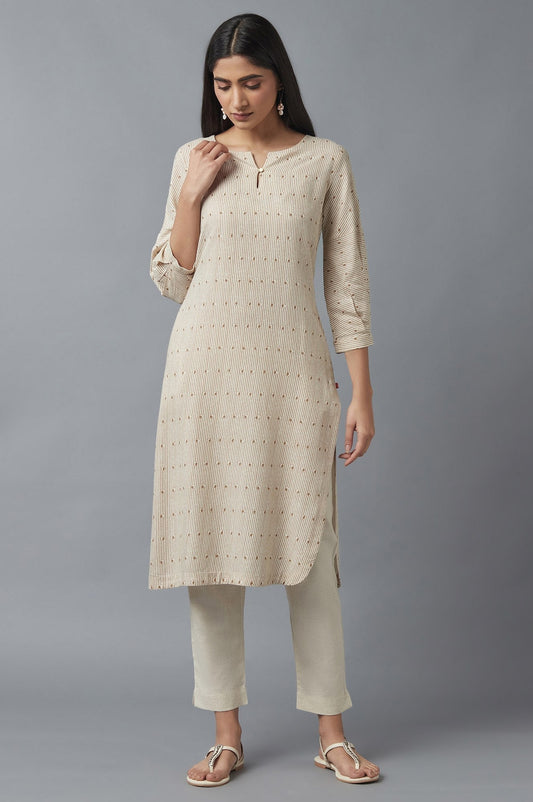 W for Woman Beige Stripe Print Kurta