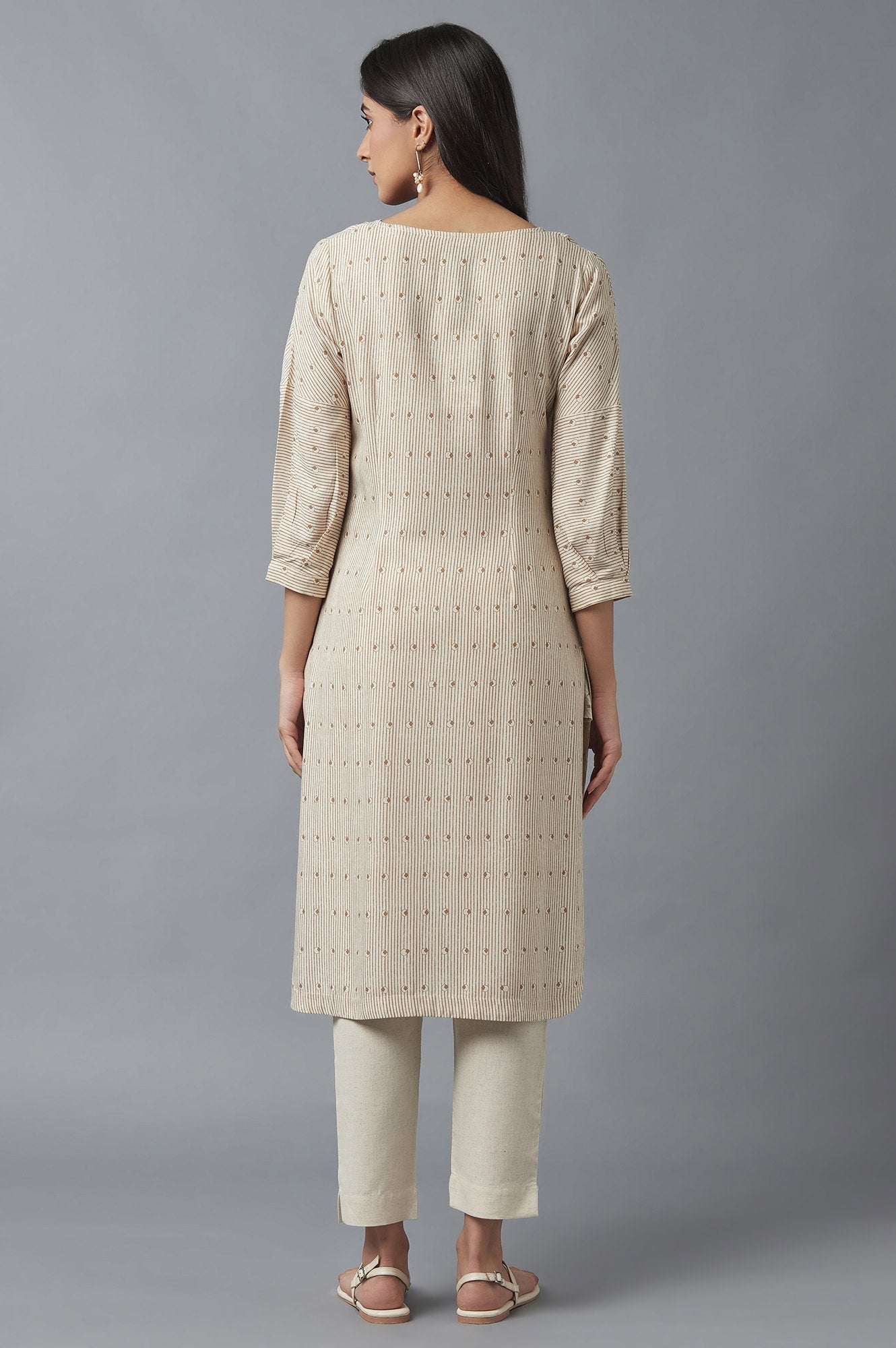 W for Woman Beige Stripe Print Kurta