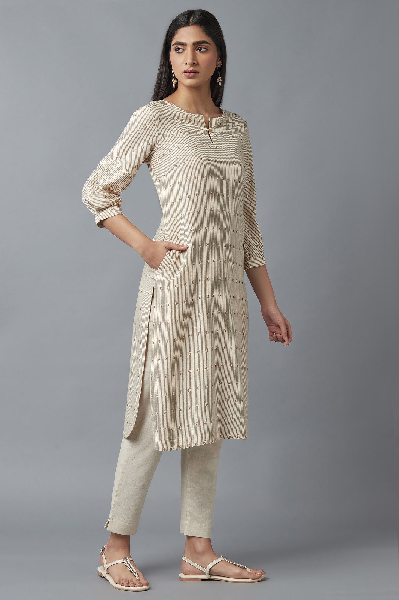 W for Woman Beige Stripe Print Kurta