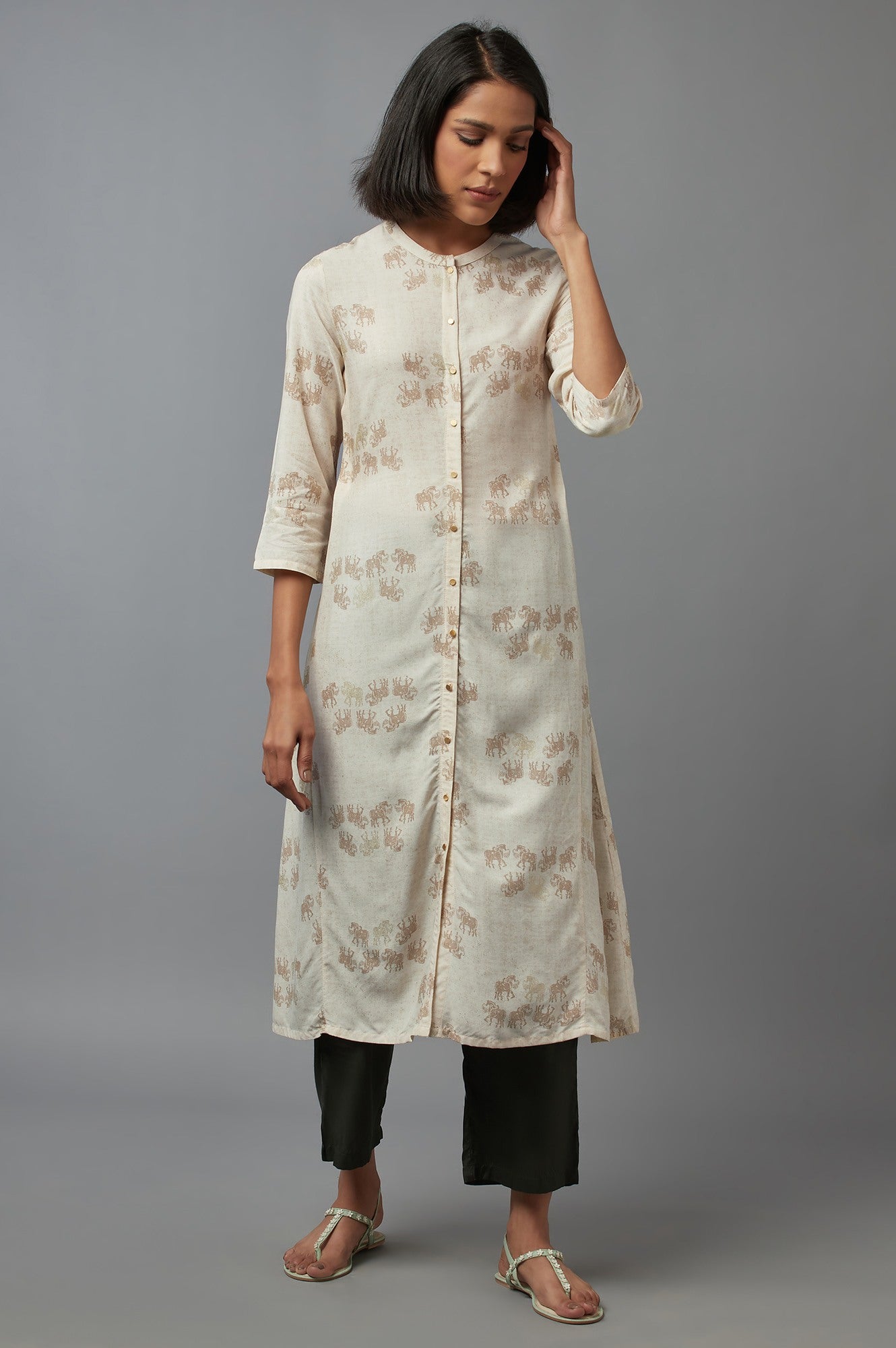W for Woman Beige Cotton Front-Open Straight Kurta