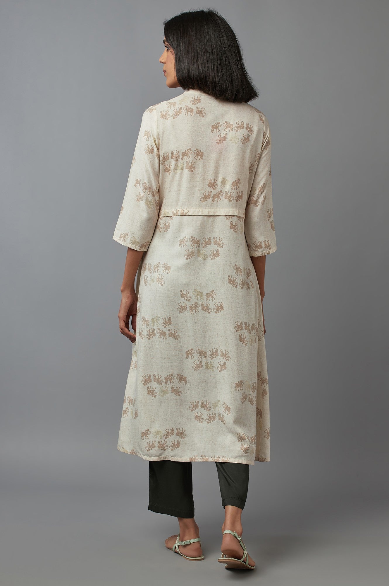 W for Woman Beige Cotton Front-Open Straight Kurta