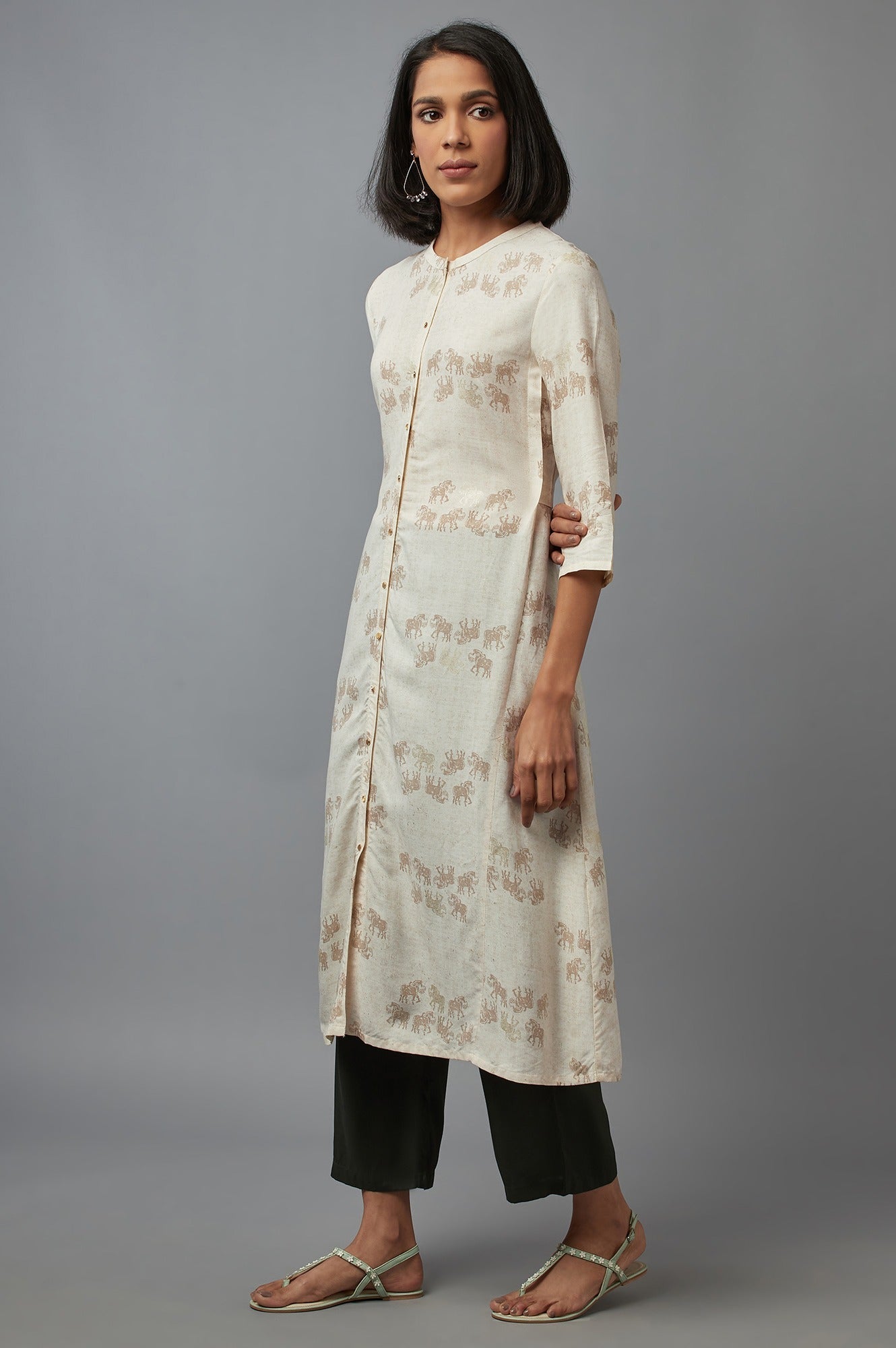 W for Woman Beige Cotton Front-Open Straight Kurta