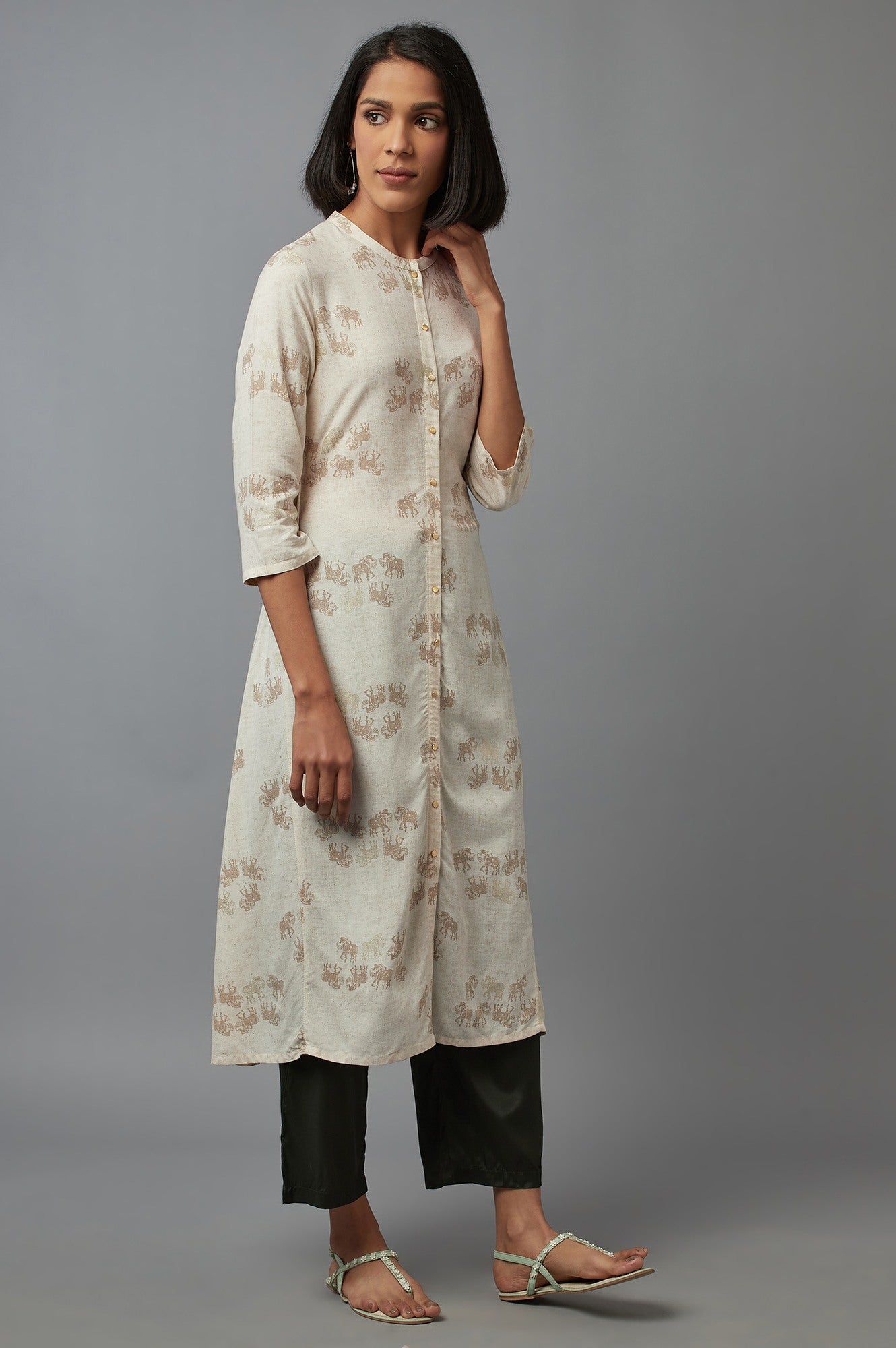 W for Woman Beige Cotton Front-Open Straight Kurta