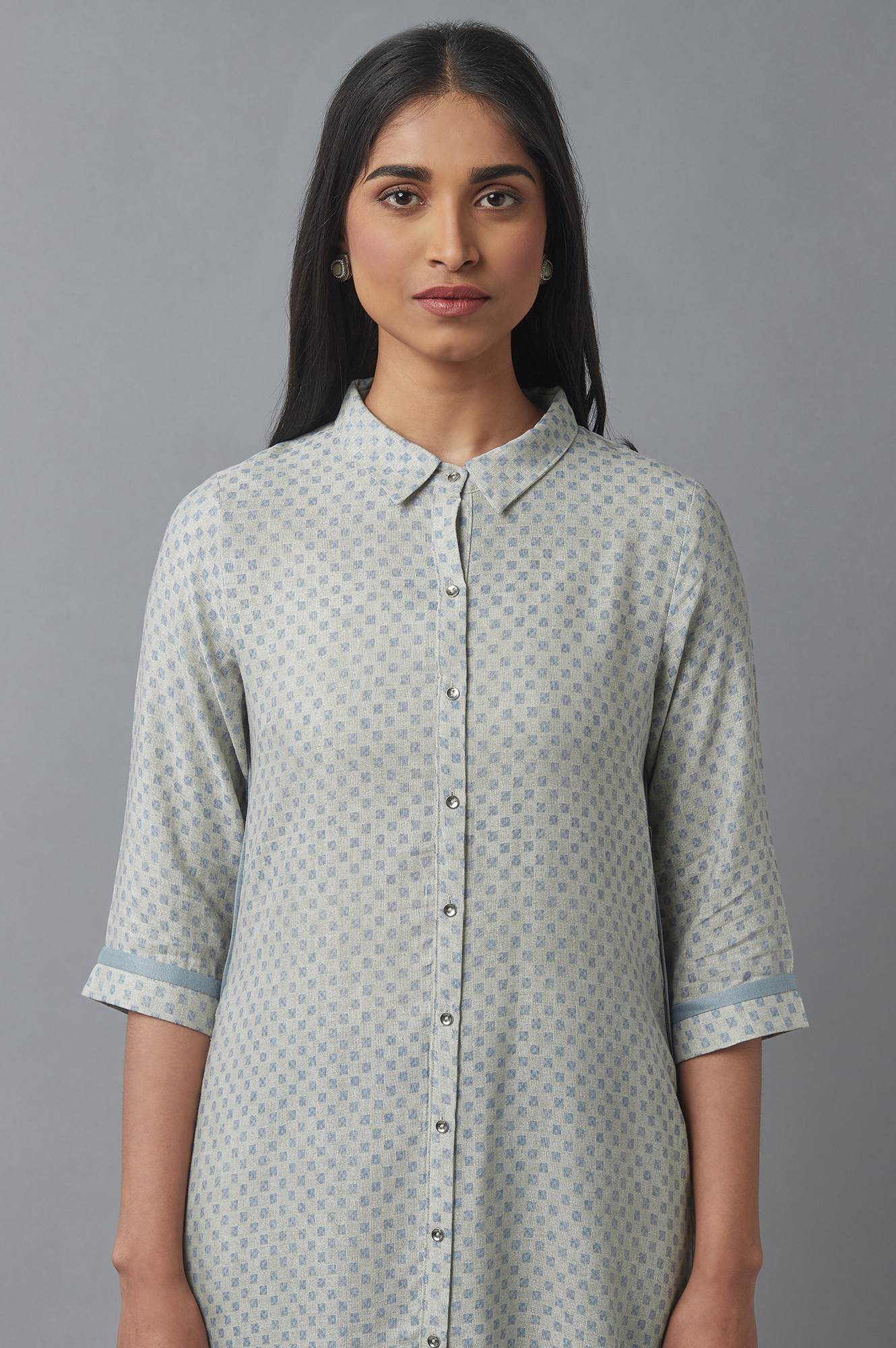 W for Woman Grey Printed Rayon A-line Shirt Kurta and Slim Pant Set