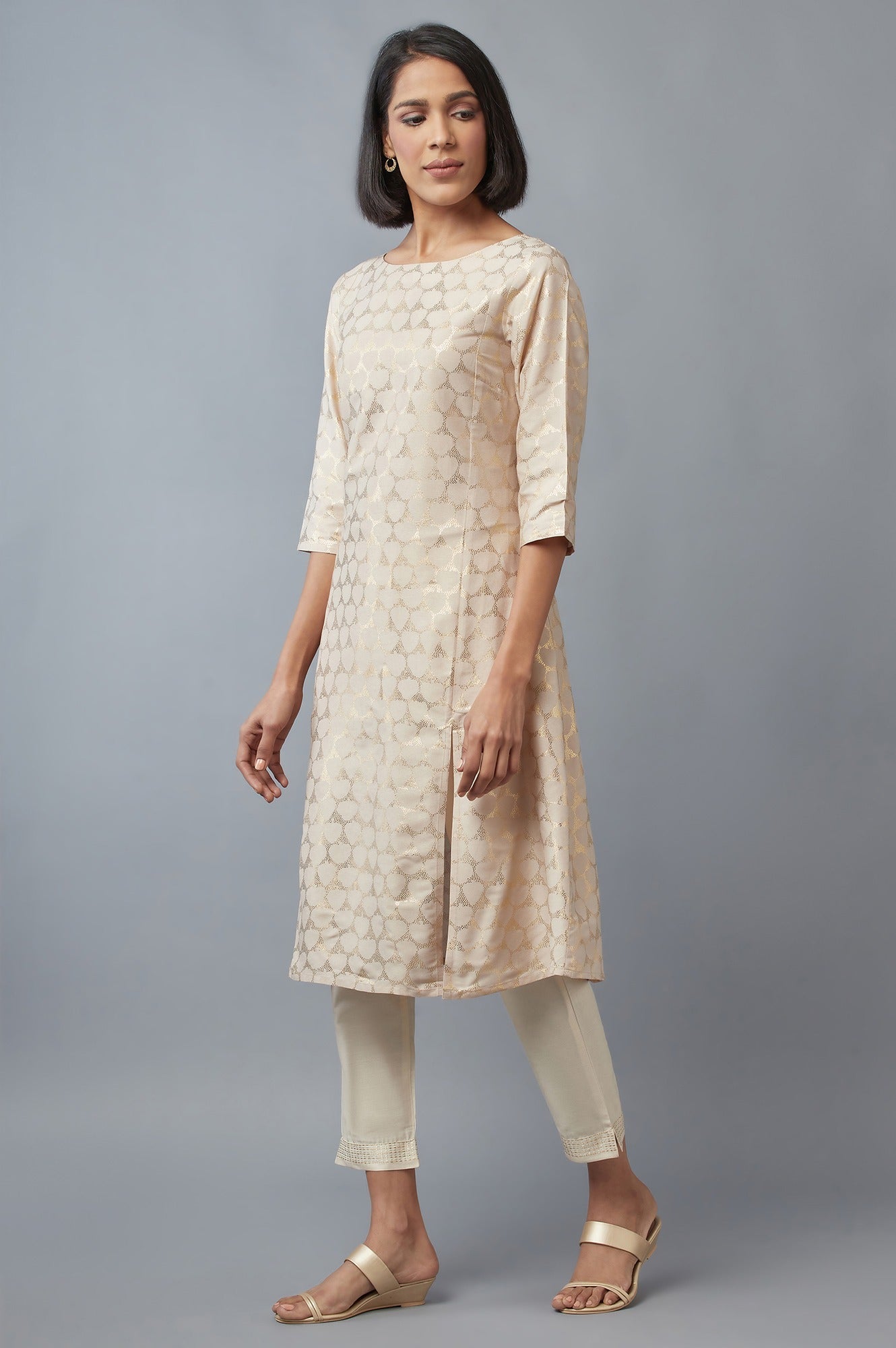 W for Woman Beige Printed A-line kurta