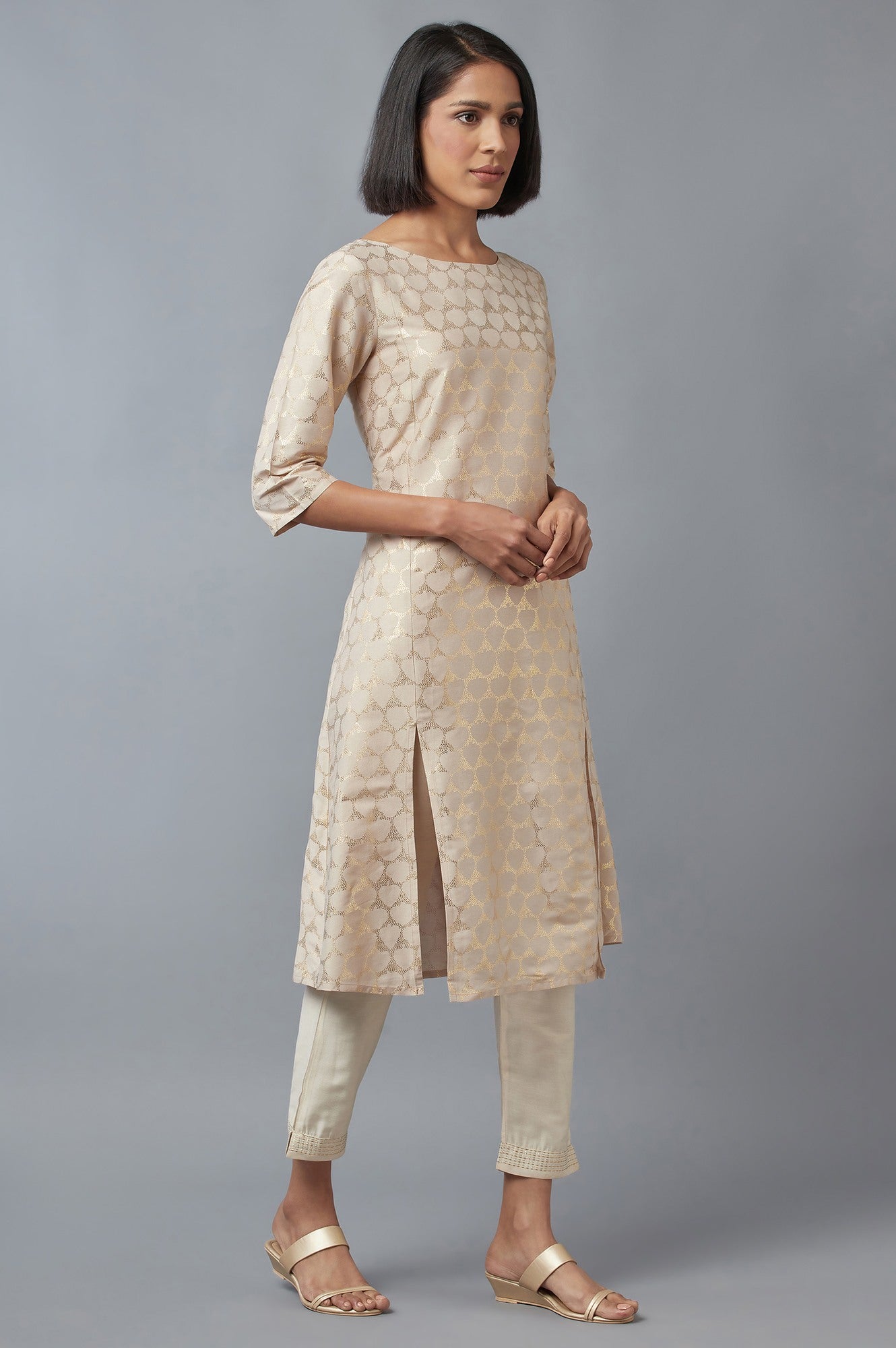 W for Woman Beige Printed A-line kurta