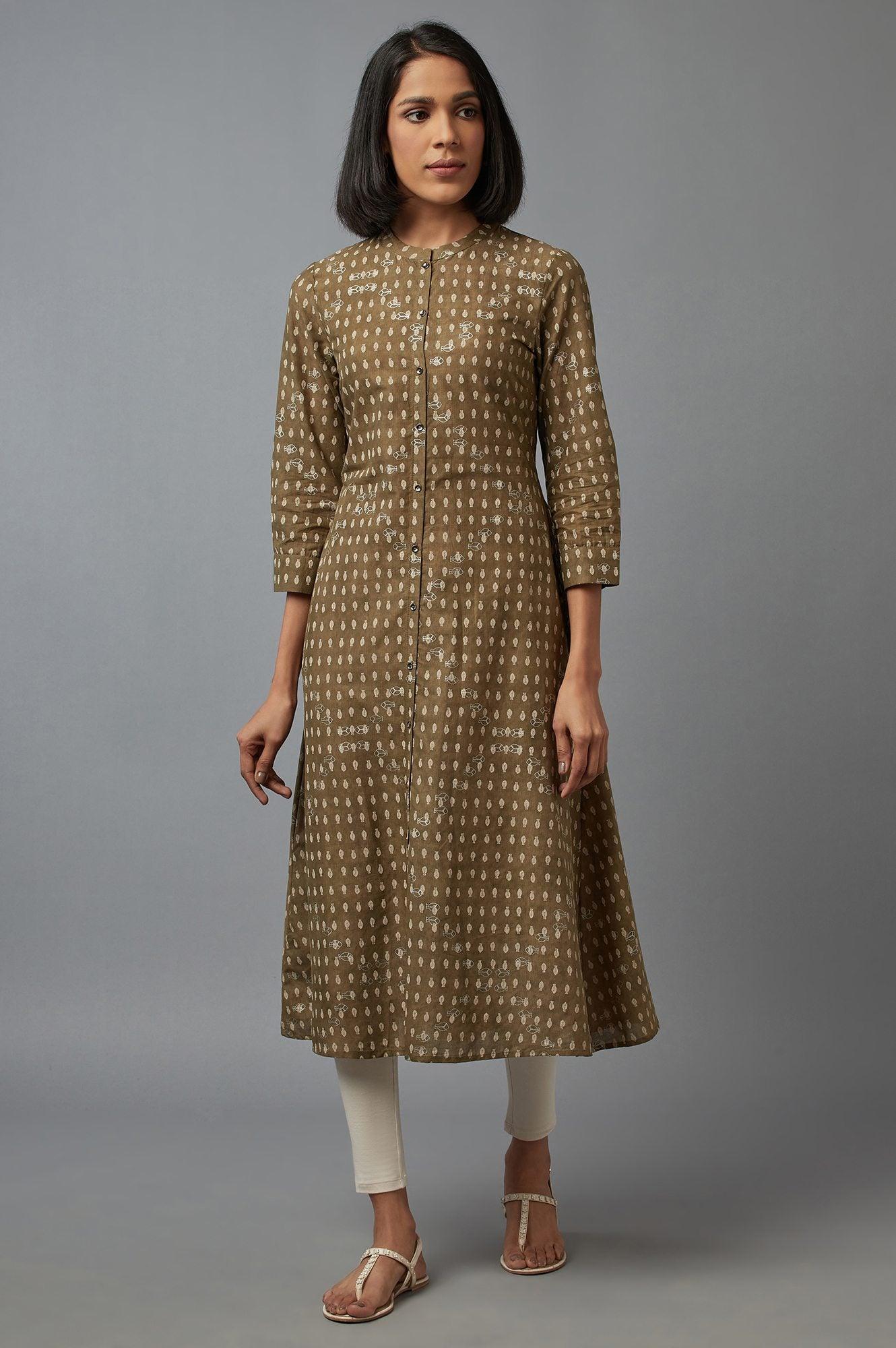 W for Woman Olive Green Printed Button Down kurta
