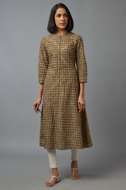 W for Woman Olive Green Printed Button Down kurta
