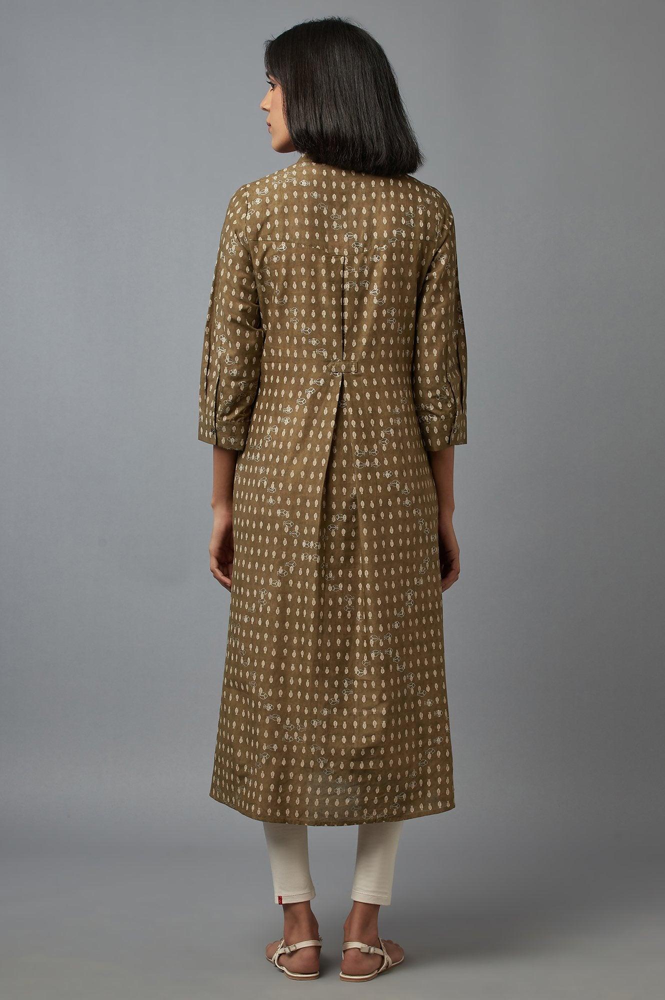 W for Woman Olive Green Printed Button Down kurta