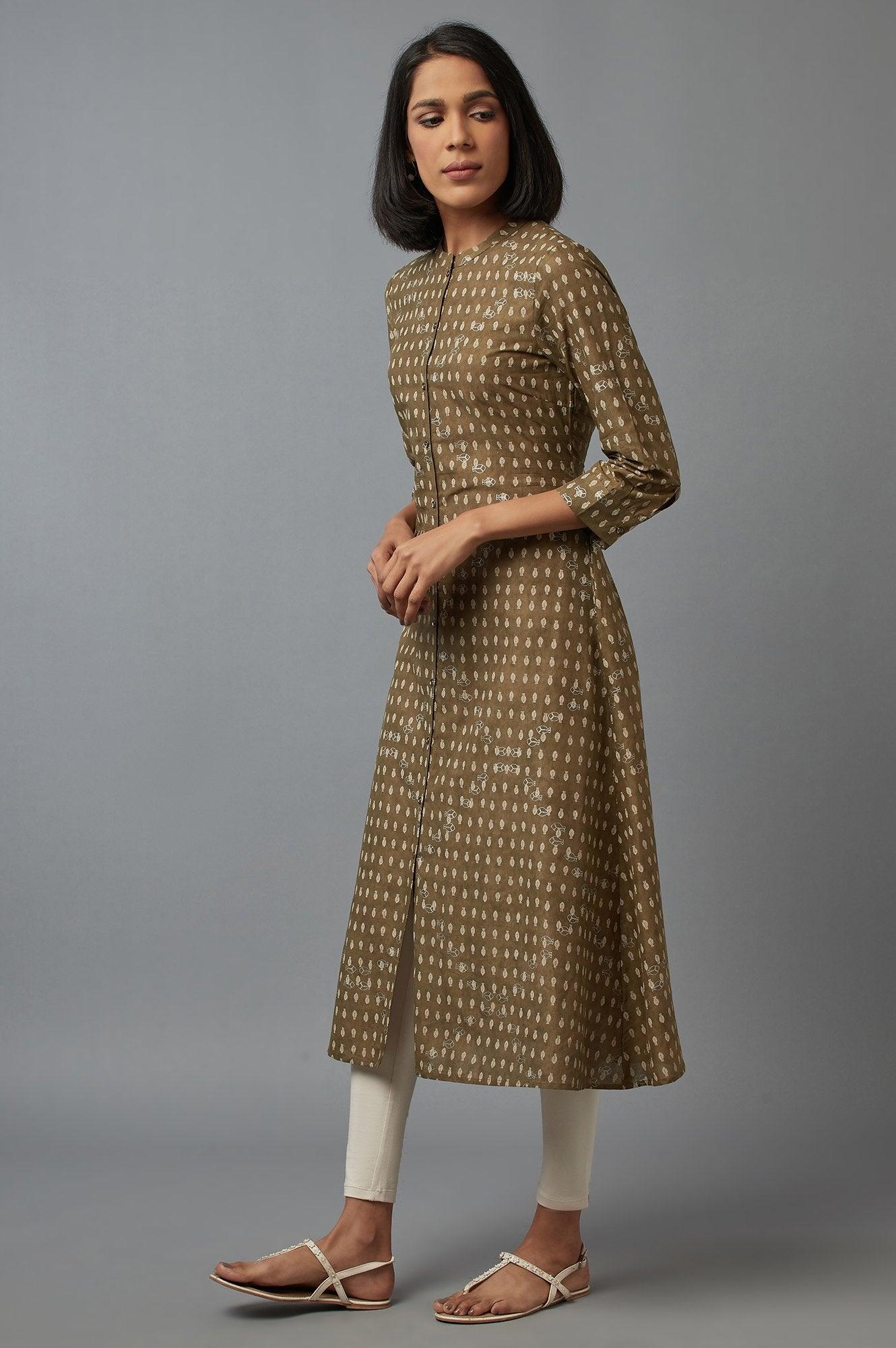 W for Woman Olive Green Printed Button Down kurta