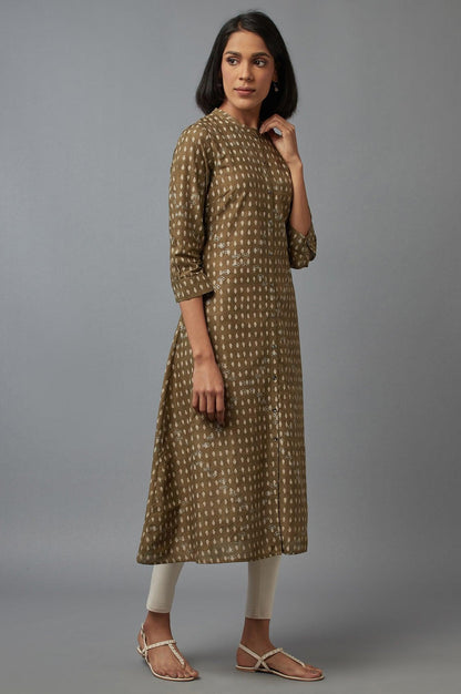 W for Woman Olive Green Printed Button Down kurta