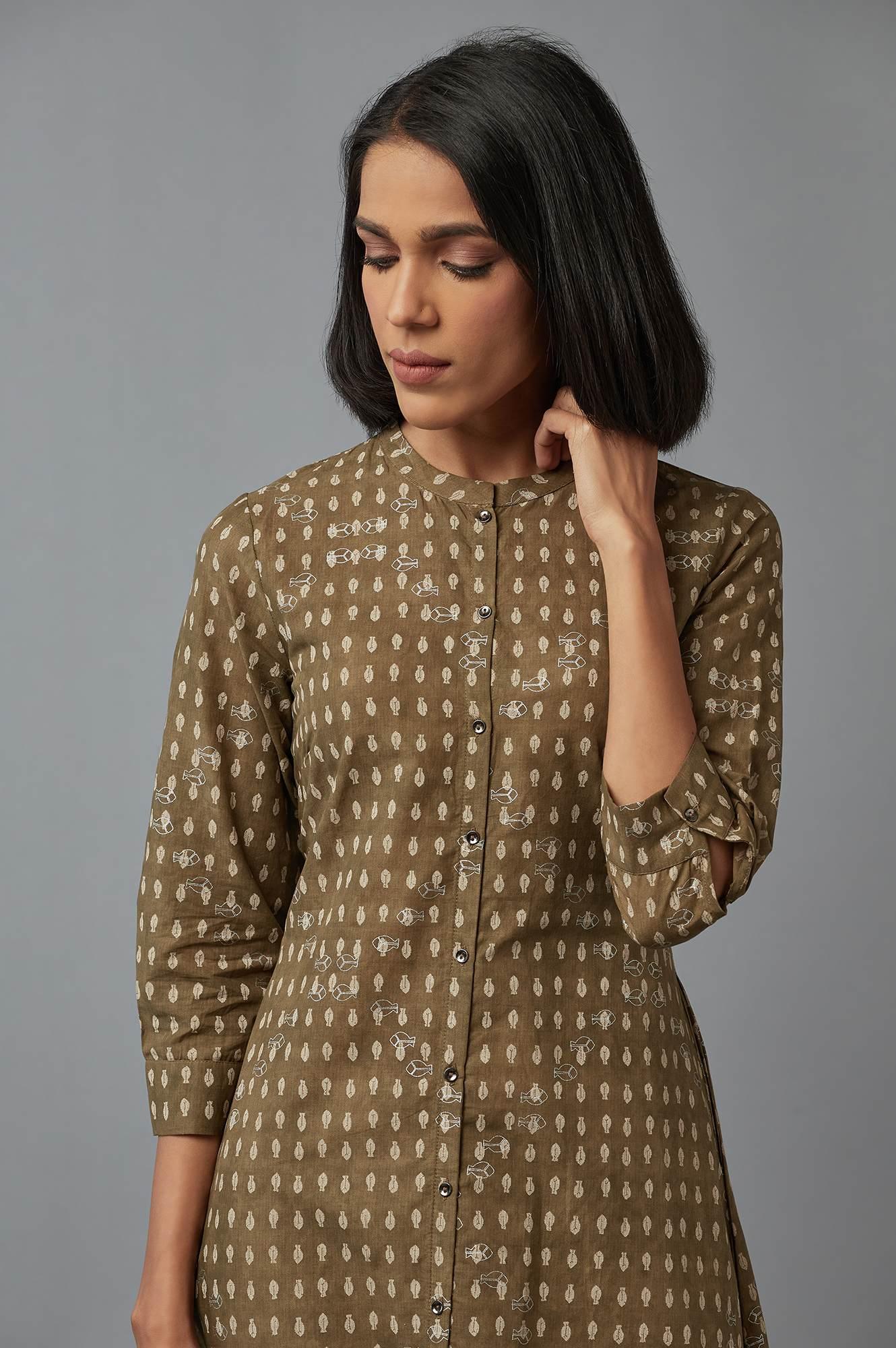 W for Woman Olive Green Printed Button Down kurta