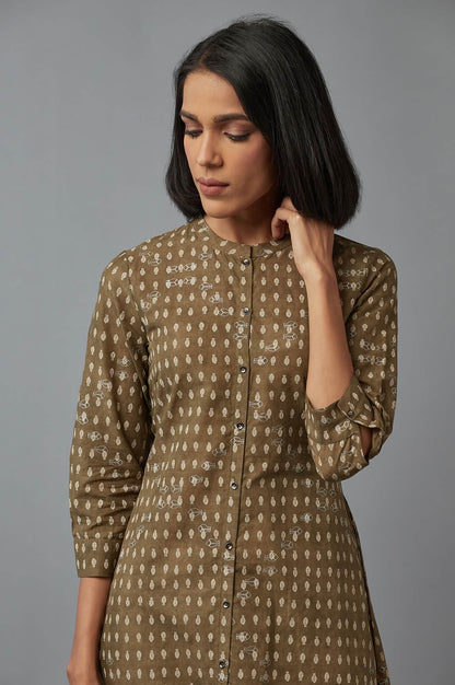 W for Woman Olive Green Printed Button Down kurta