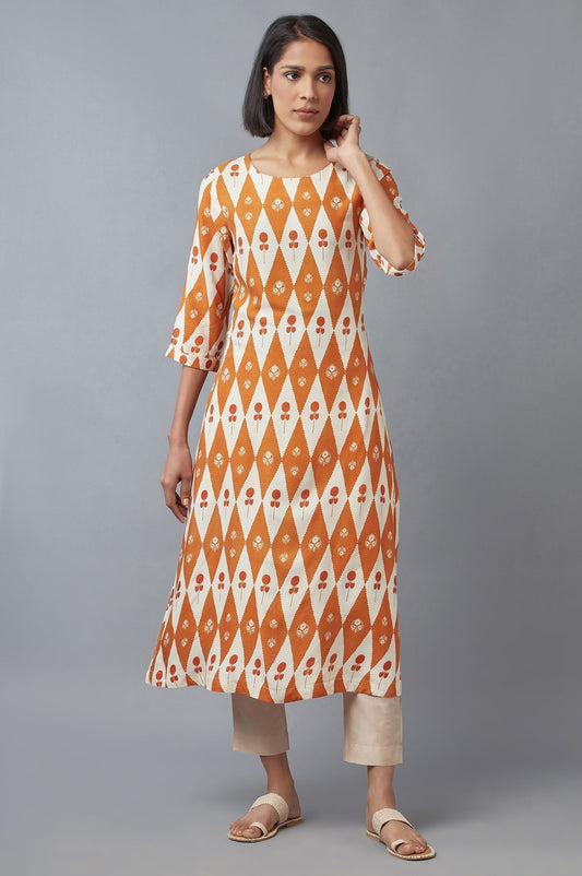 W for Woman Orange Rust and Ecru Printed A-line kurta
