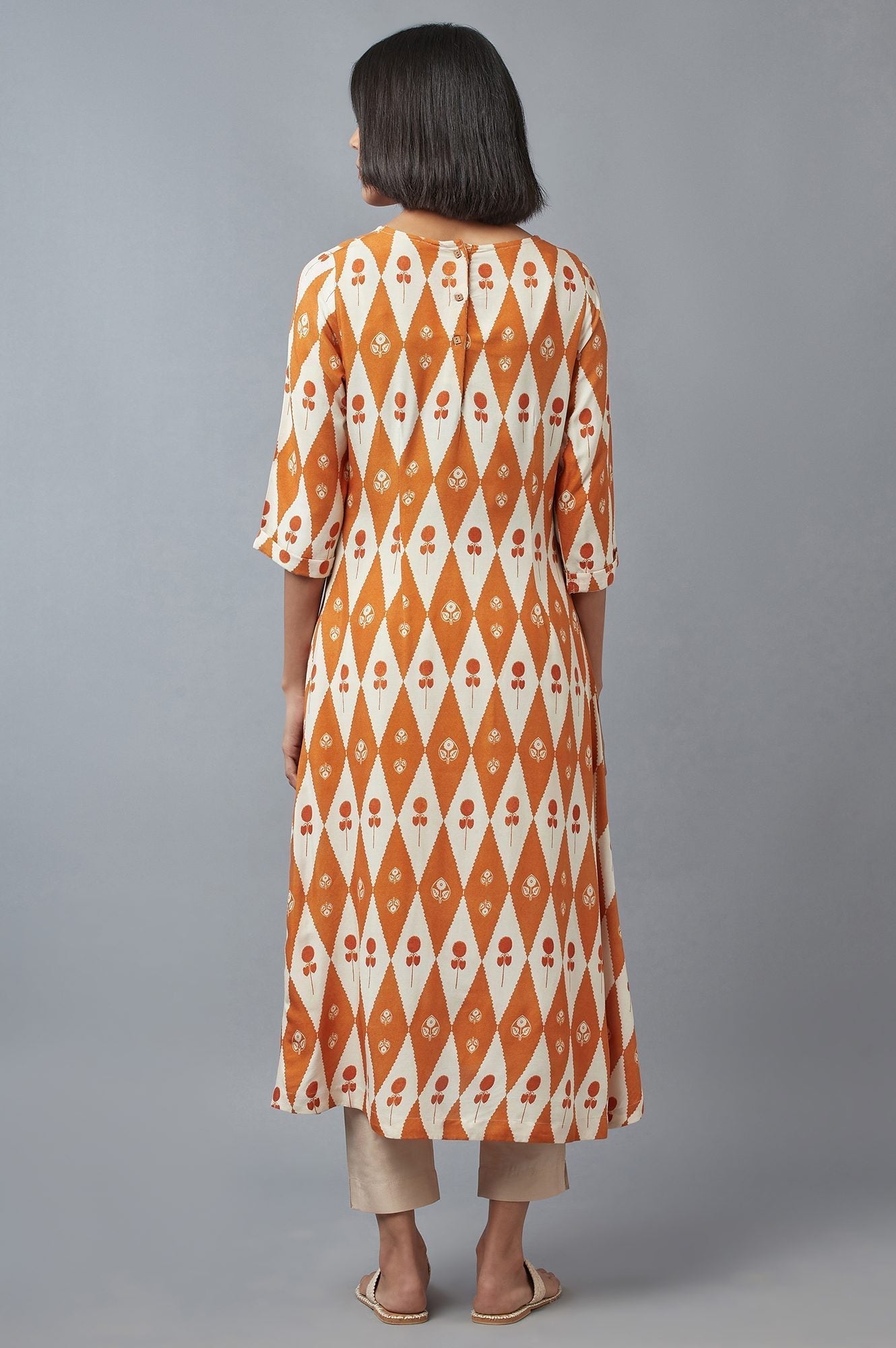 W for Woman Orange Rust and Ecru Printed A-line kurta