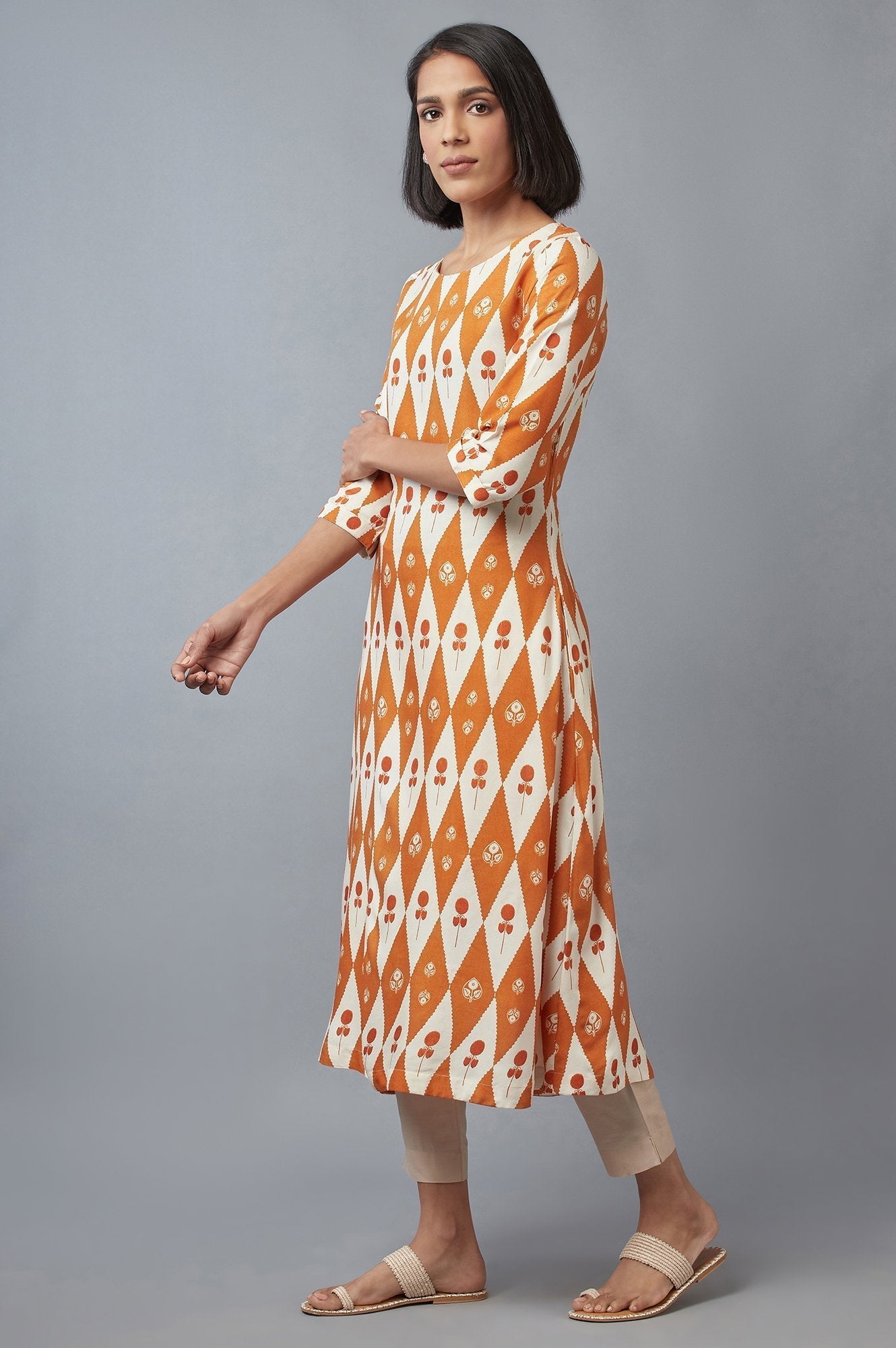 W for Woman Orange Rust and Ecru Printed A-line kurta