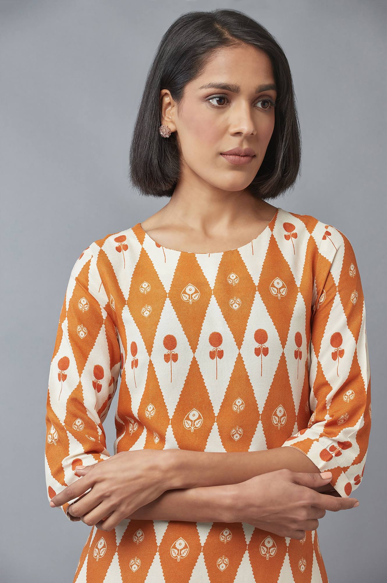 W for Woman Orange Rust and Ecru Printed A-line kurta