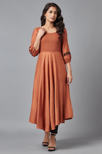 W for Woman Rust Brown Solid Western Midi Dress with Embroidery on Sleeves