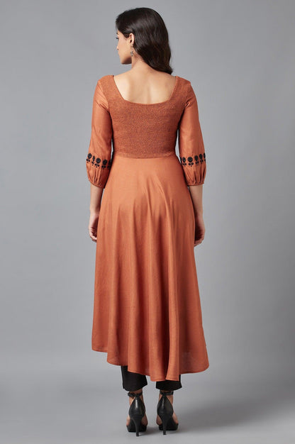 W for Woman Rust Brown Solid Western Midi Dress with Embroidery on Sleeves
