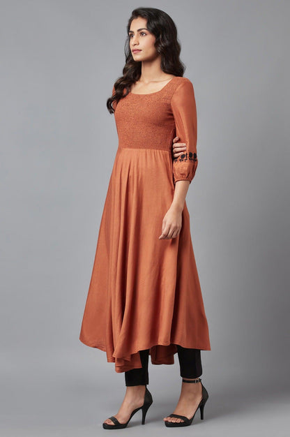 W for Woman Rust Brown Solid Western Midi Dress with Embroidery on Sleeves