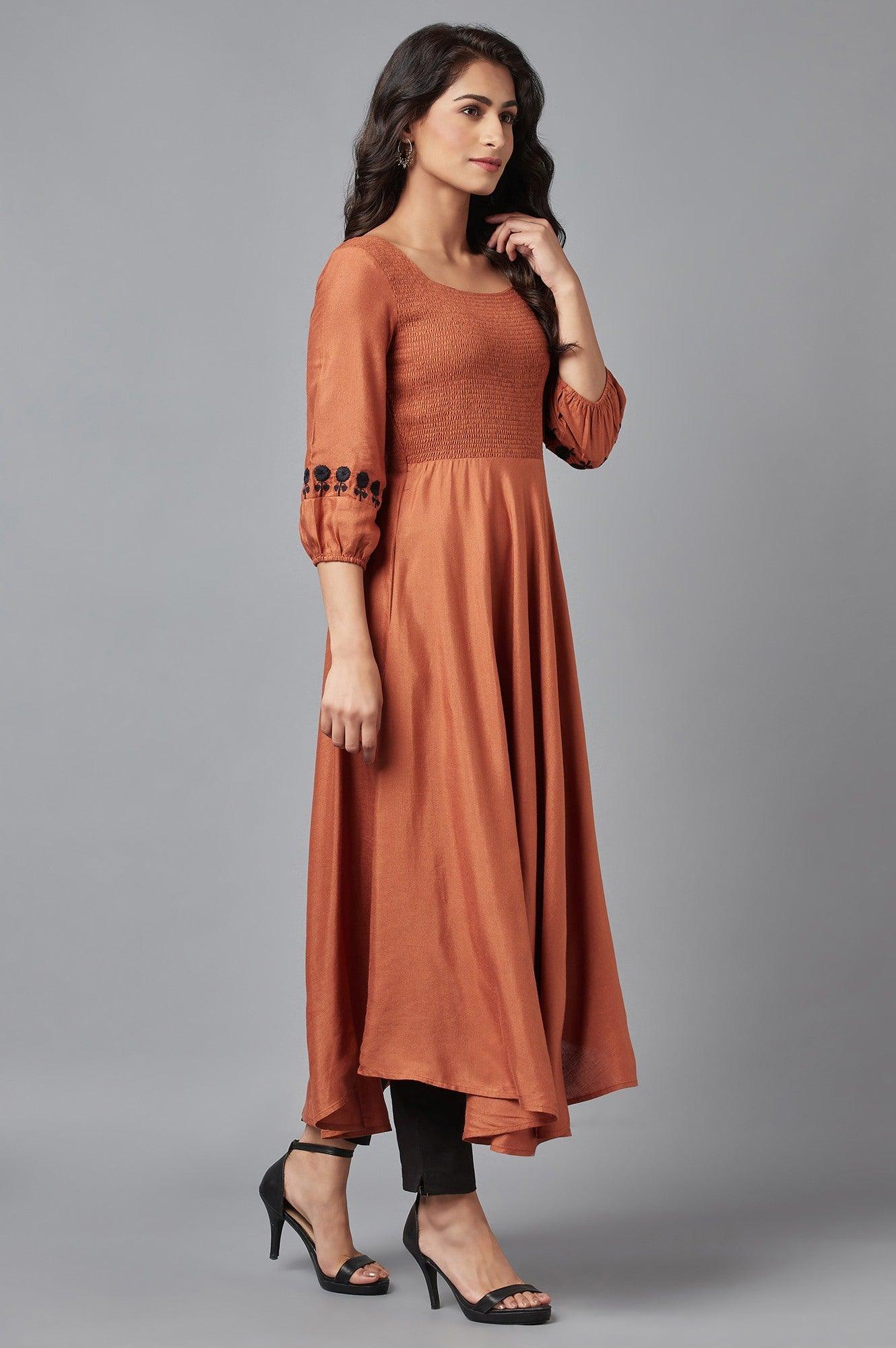 W for Woman Rust Brown Solid Western Midi Dress with Embroidery on Sleeves
