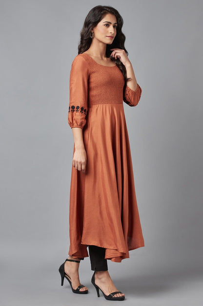 W for Woman Rust Brown Solid Western Midi Dress with Embroidery on Sleeves