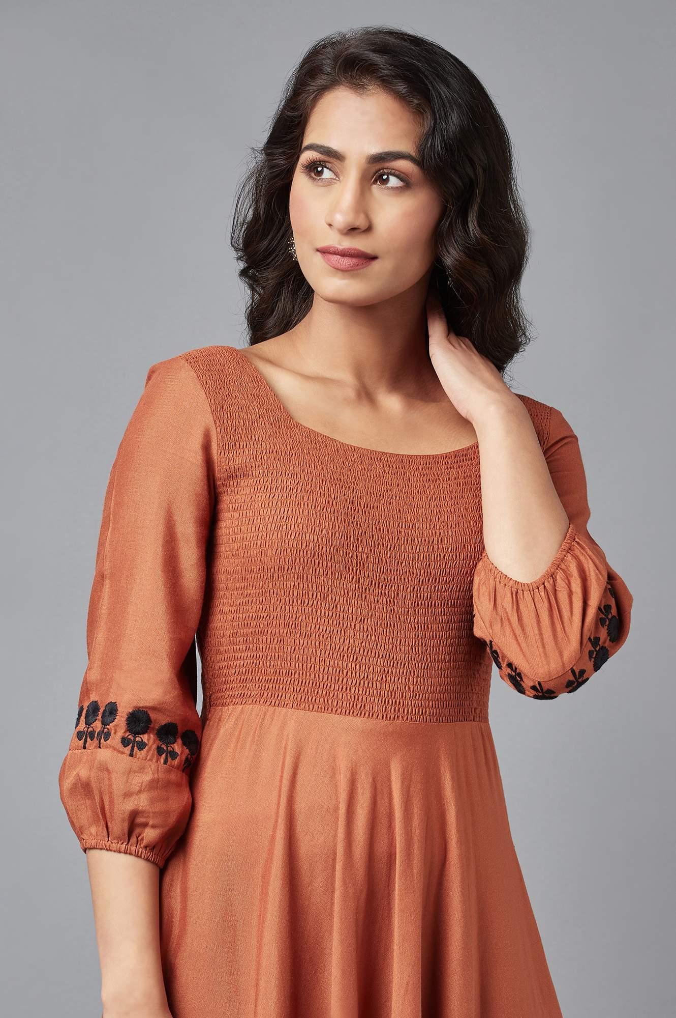 W for Woman Rust Brown Solid Western Midi Dress with Embroidery on Sleeves