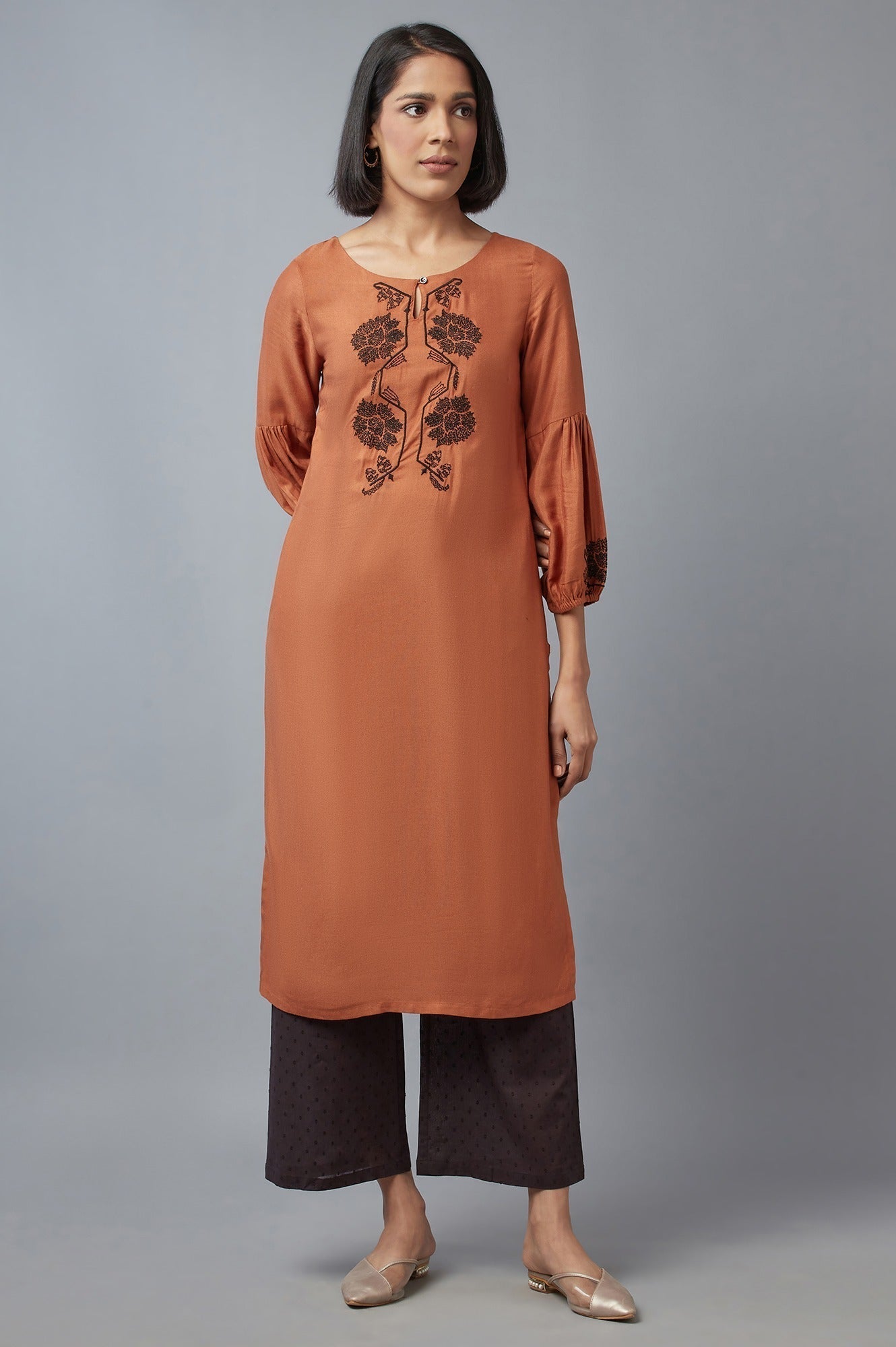 W for Woman Rust Brown Embroidered kurta