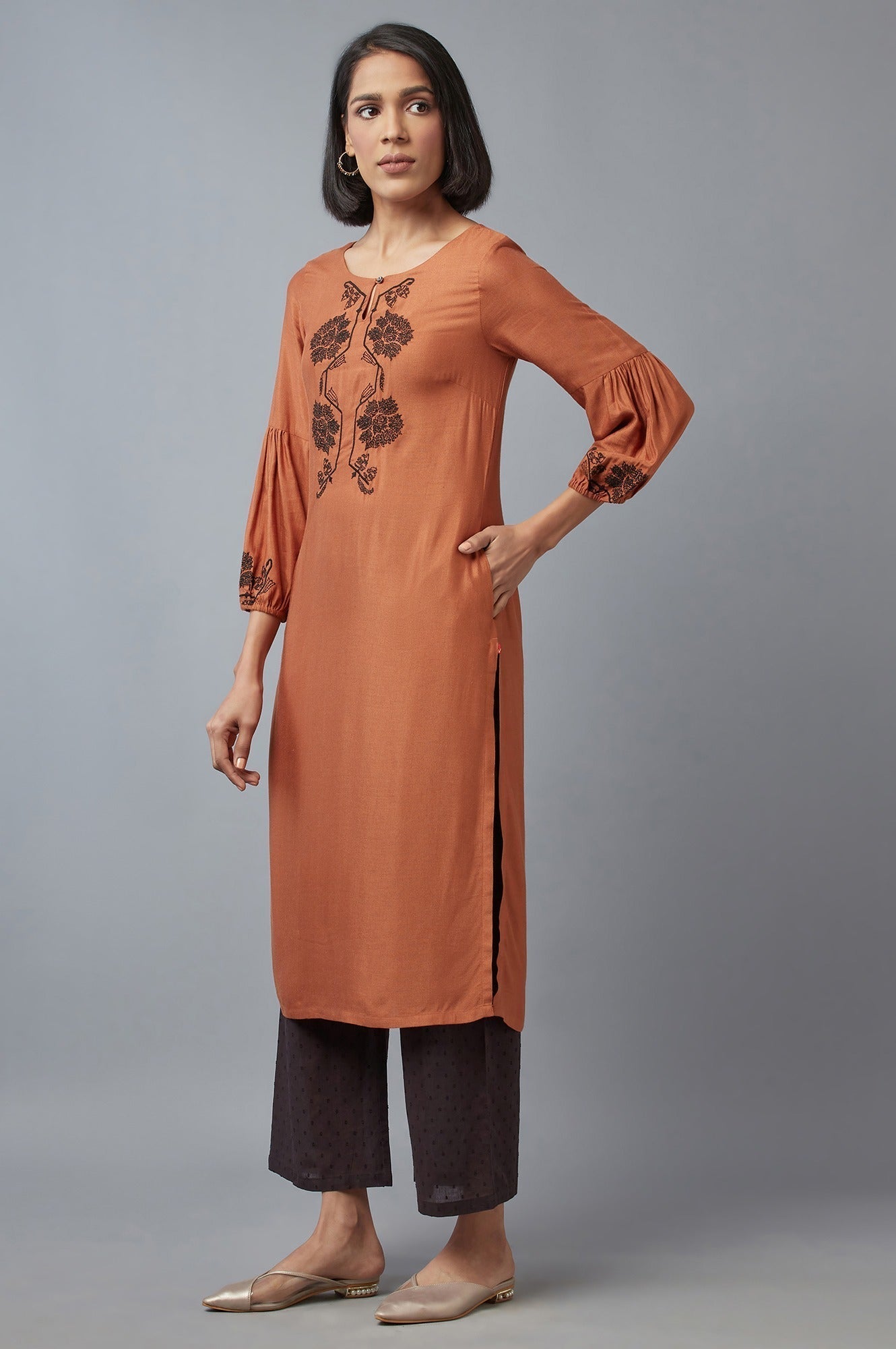 W for Woman Rust Brown Embroidered kurta
