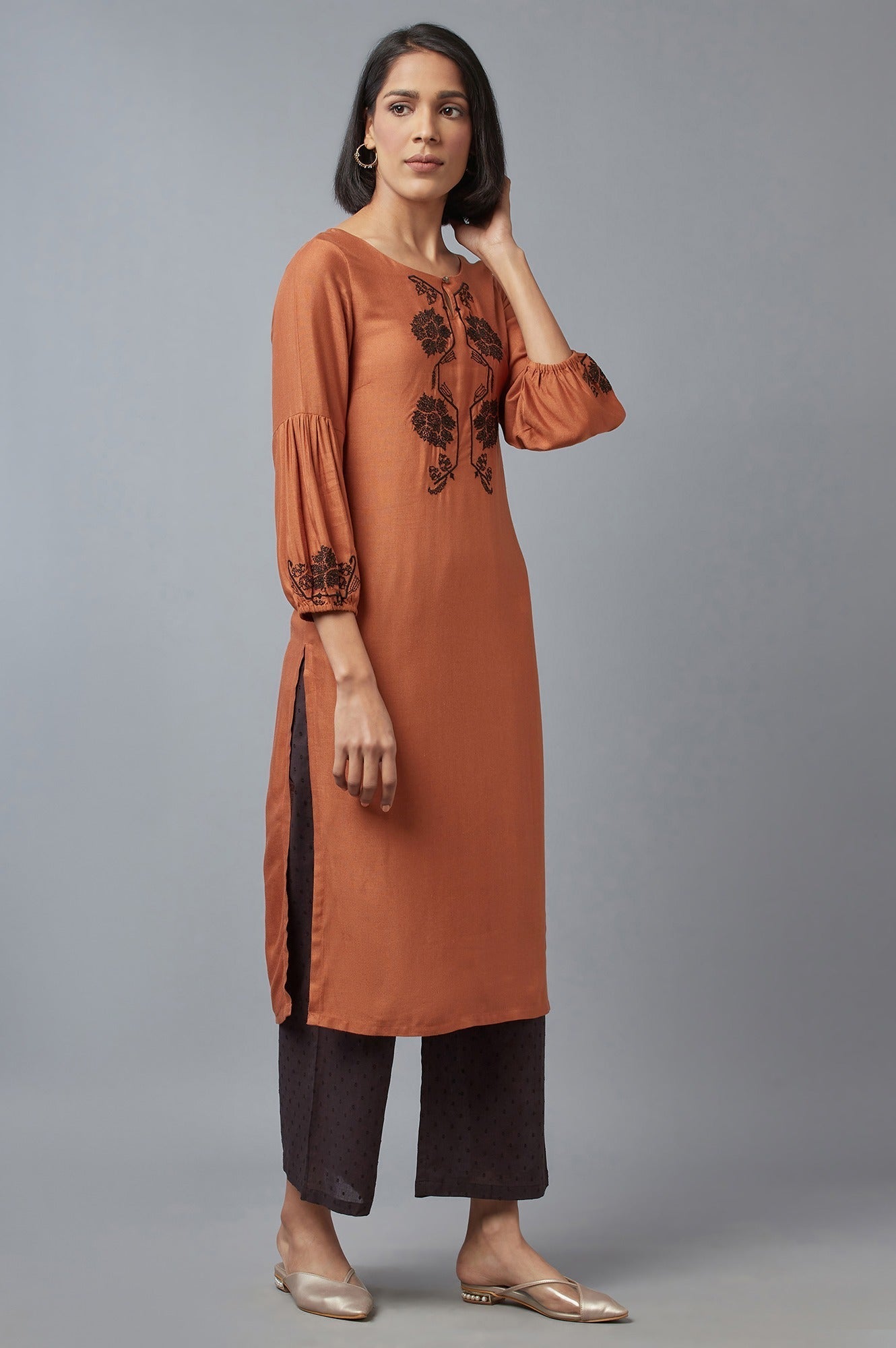 W for Woman Rust Brown Embroidered kurta
