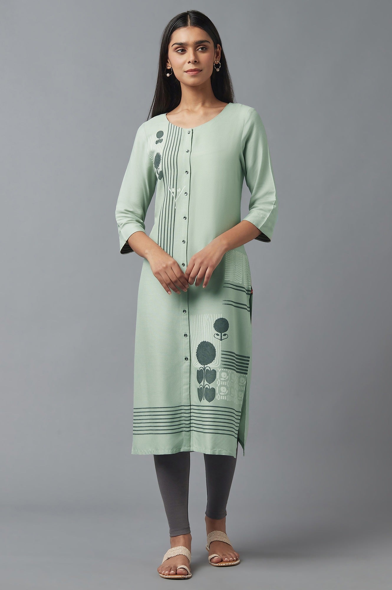 W for Woman Green Button Down Printed kurta