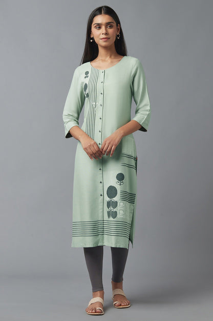 W for Woman Green Button Down Printed kurta