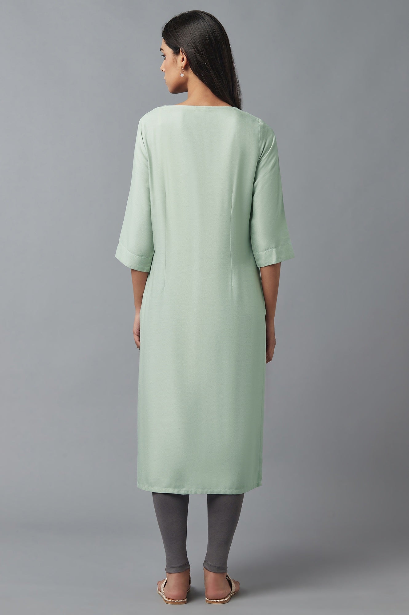 W for Woman Green Button Down Printed kurta